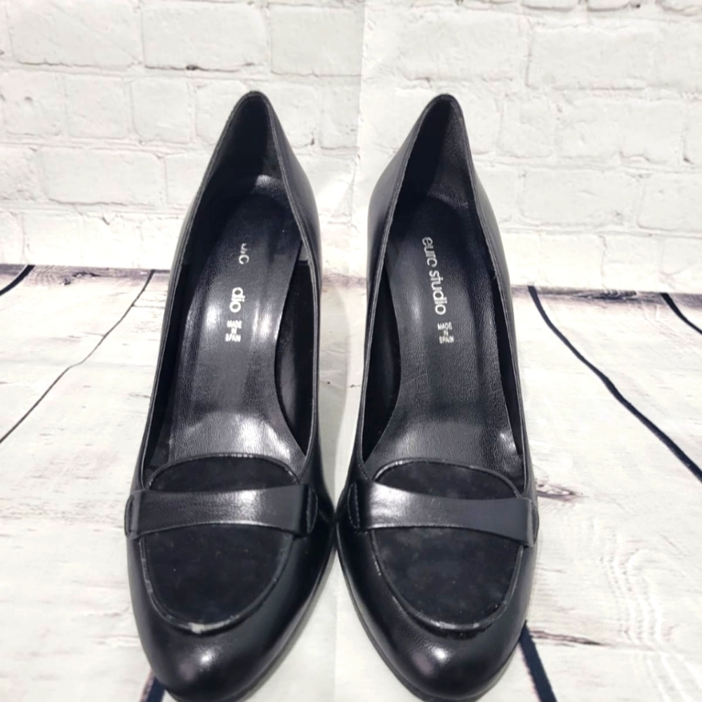 Black Leather and Velvet Slip on High Heel